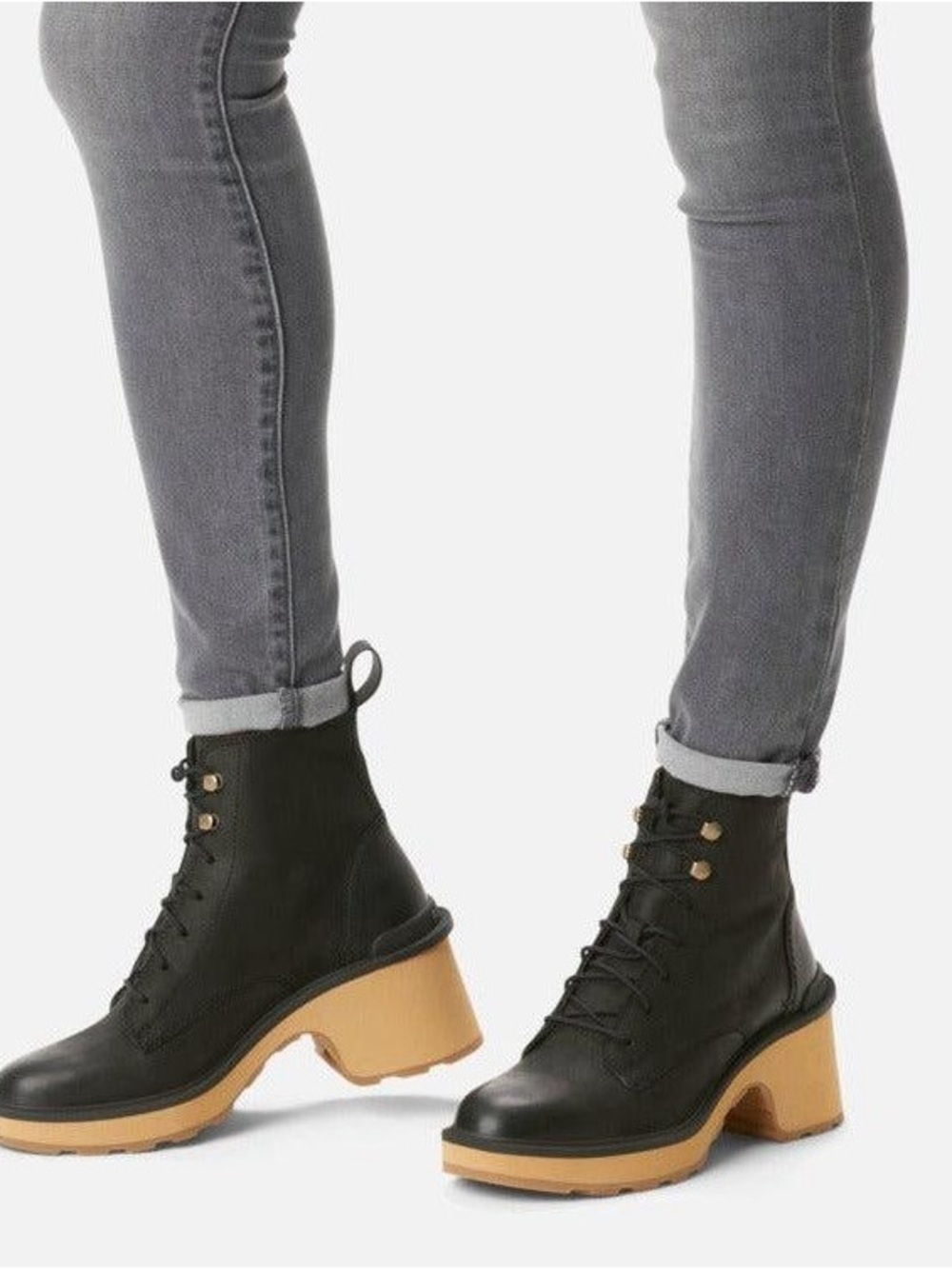 Sorel Black Leather Lace-Up Ankle Boots with Tan Lug Heel